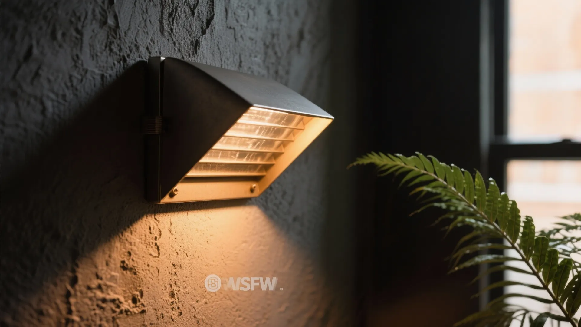 Modern outdoor wall light glowing on grey textured wall next to green plant in evening