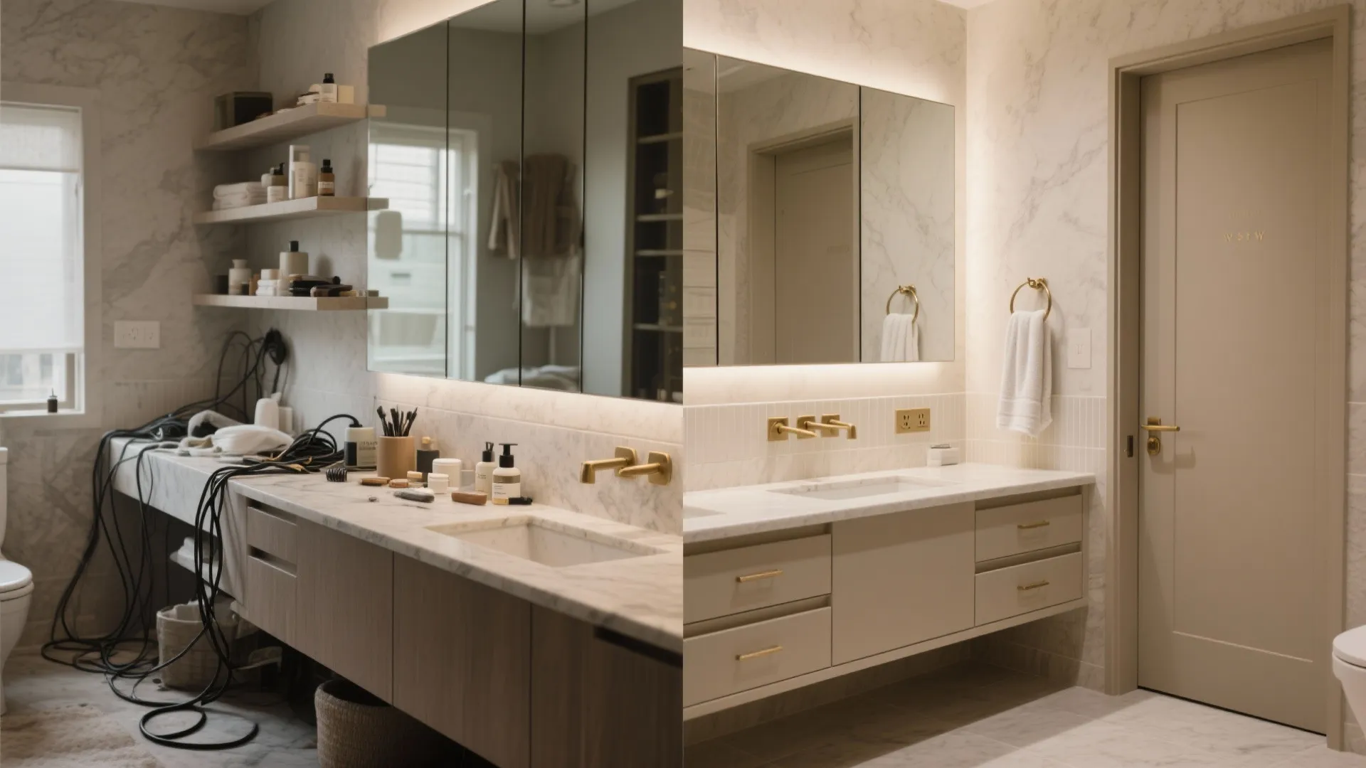 Before and after comparison showing messy bathroom vanity vs organized marble sink area with cabinets