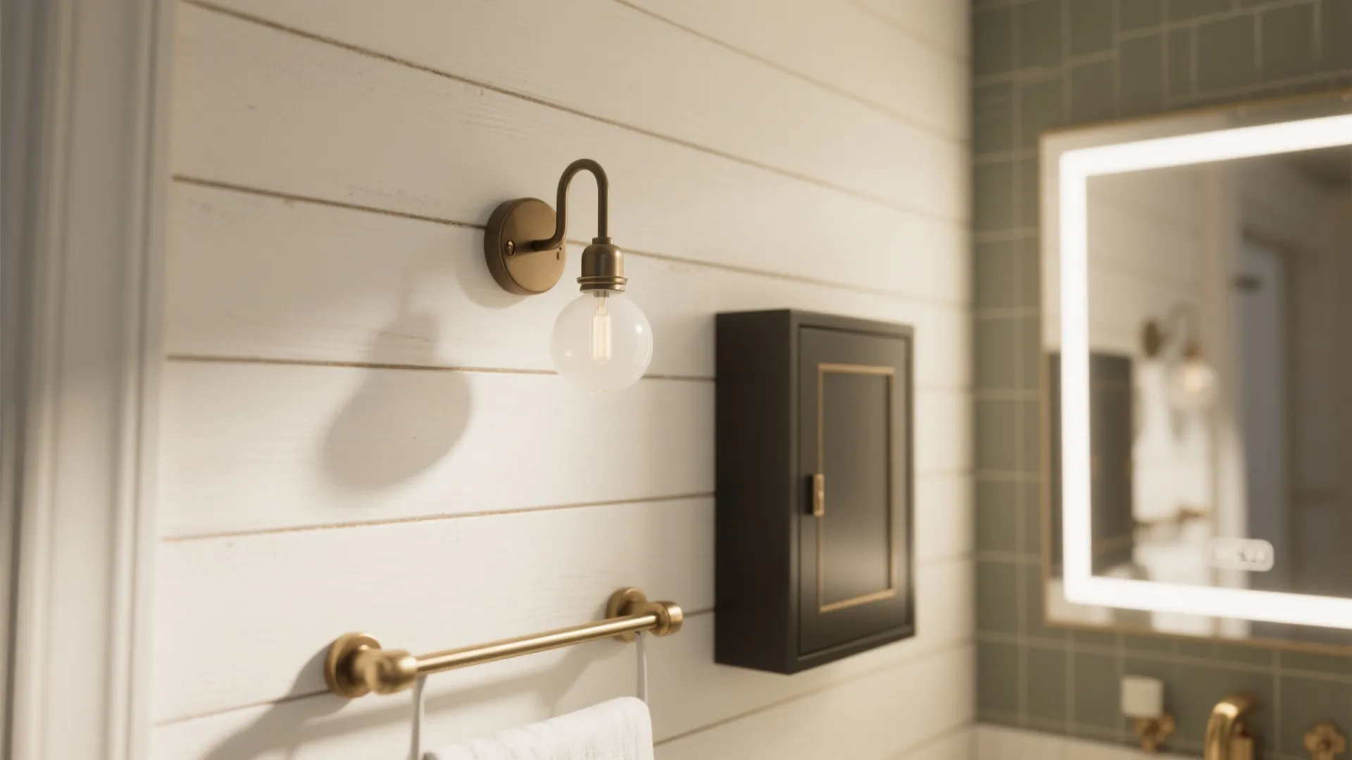 A round wall light mounted on a white wall panel next to a black cabinet