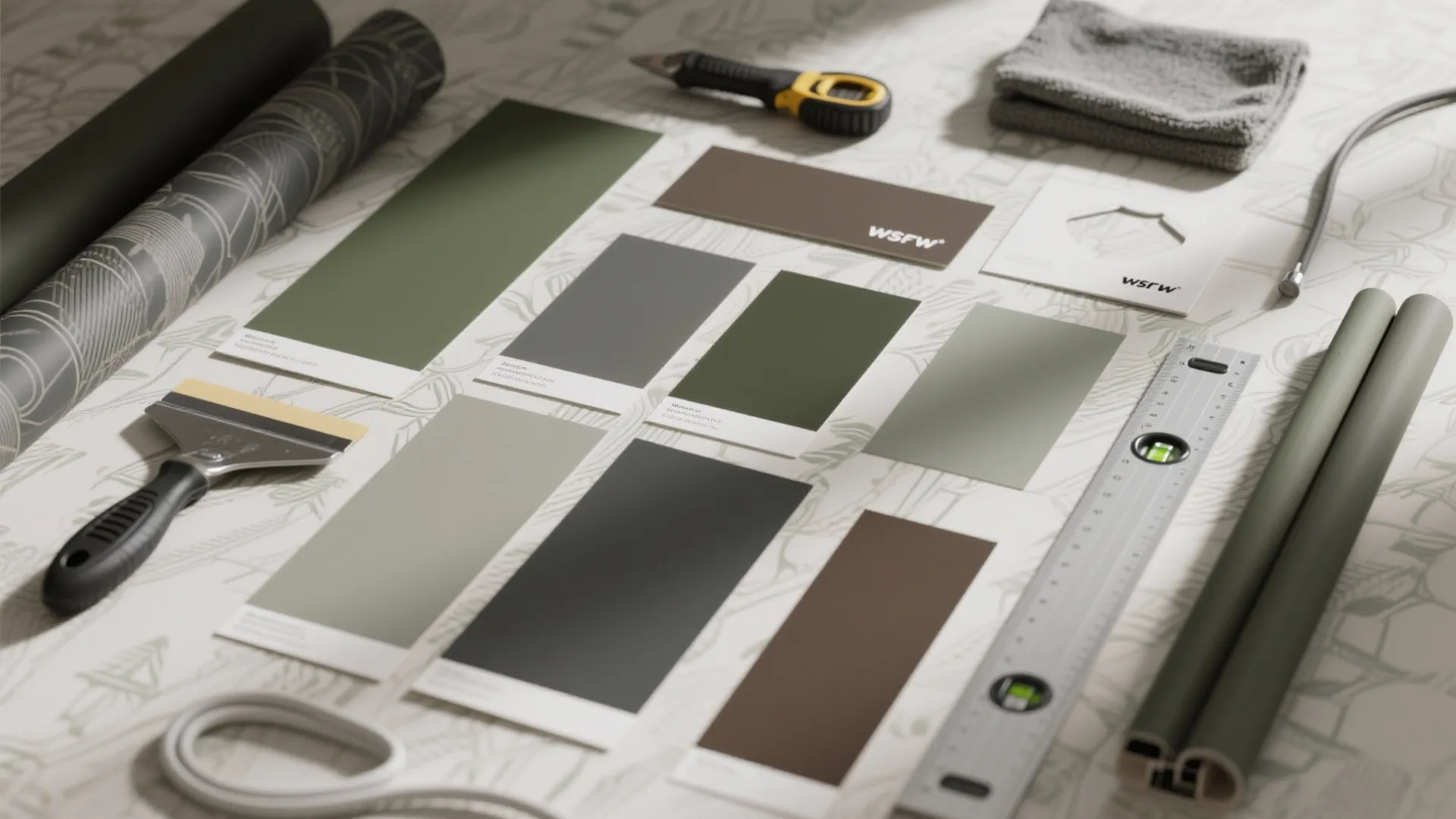 Interior design mood board with green color paint samples wallpaper rolls and home renovation tools
