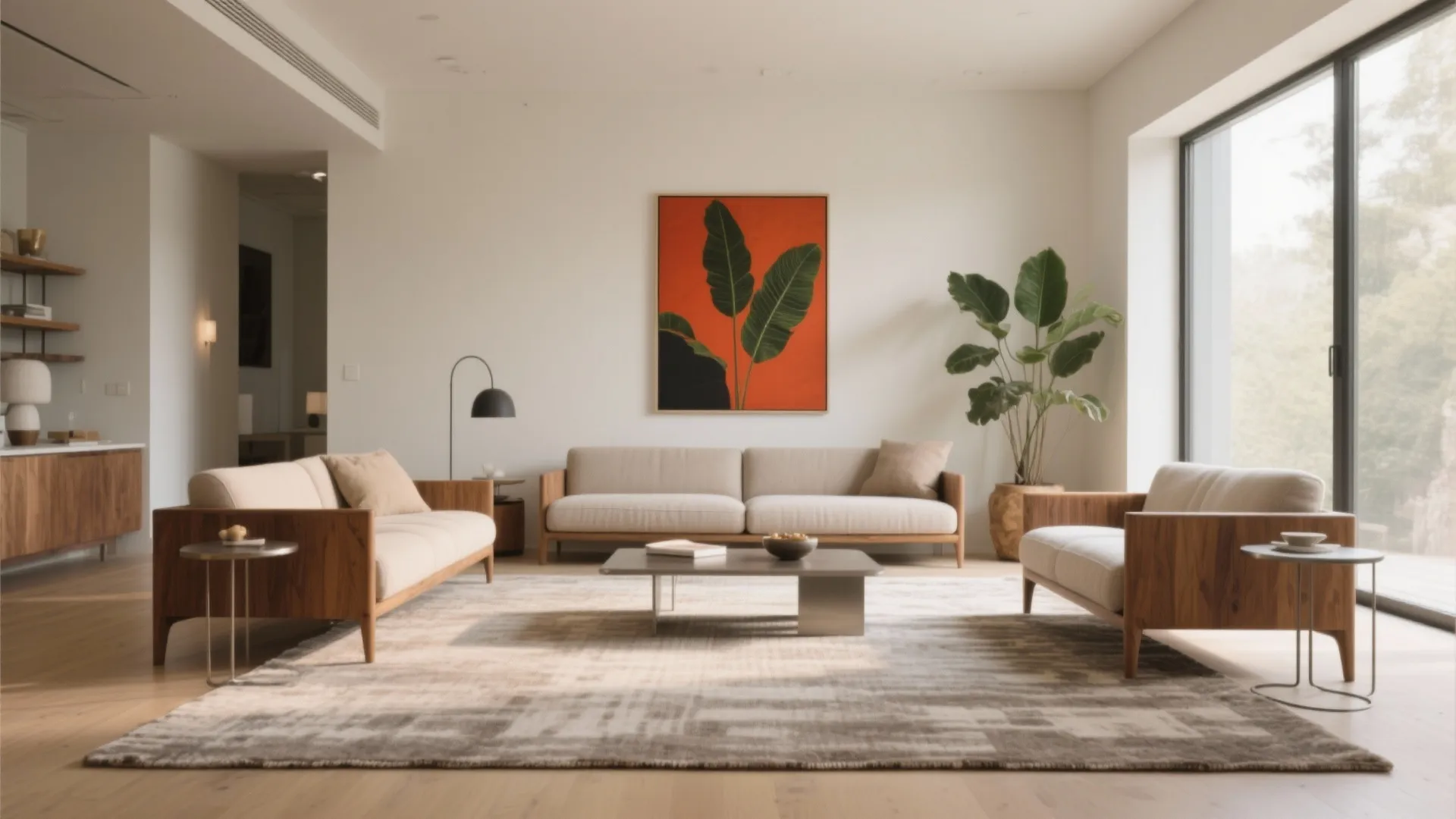 Idea 5: Zone with a rug, then layer art and plants