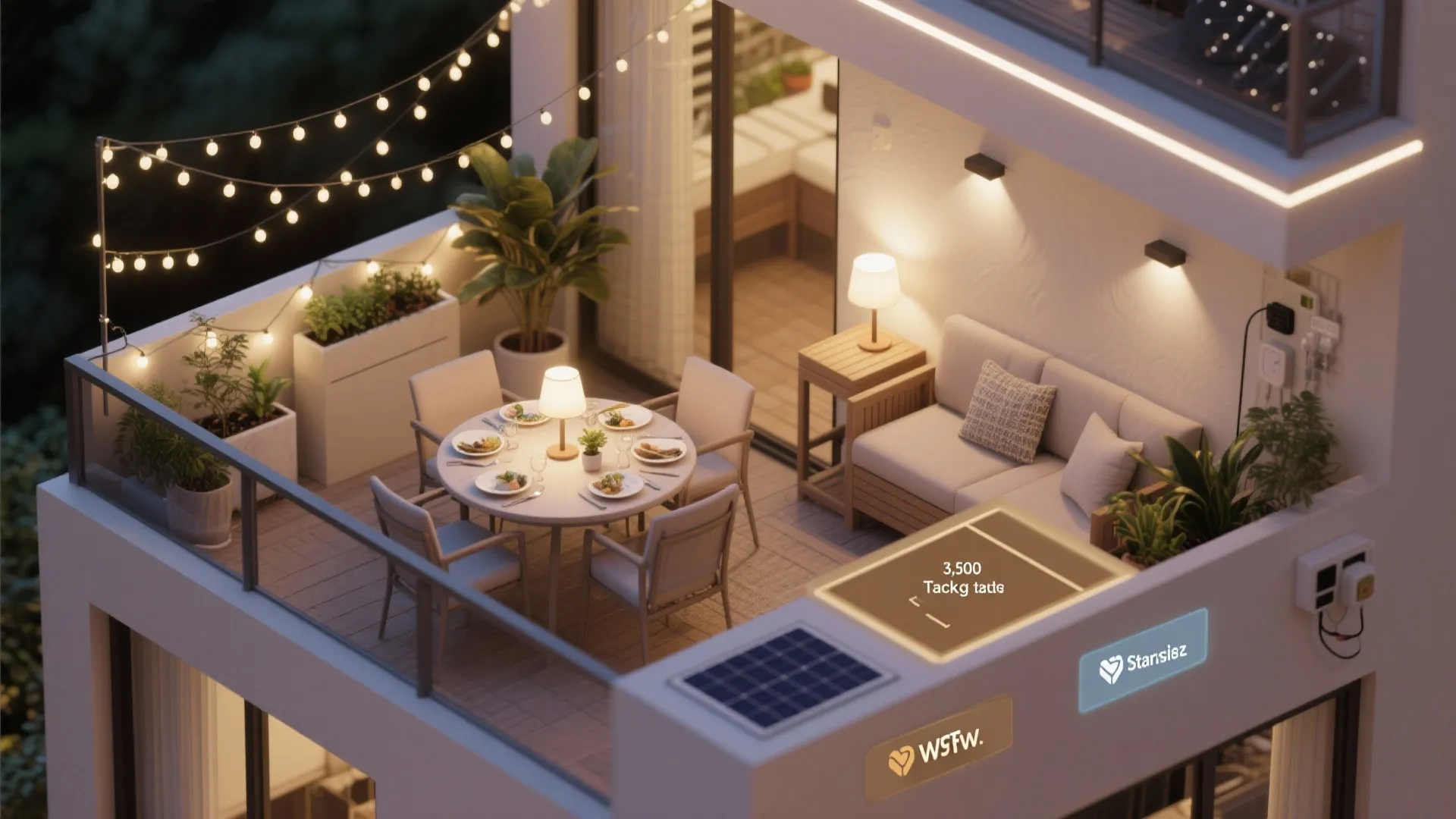 Modern apartment balcony with outdoor dining table, sofa, string lights, plants, and cozy warm lighting