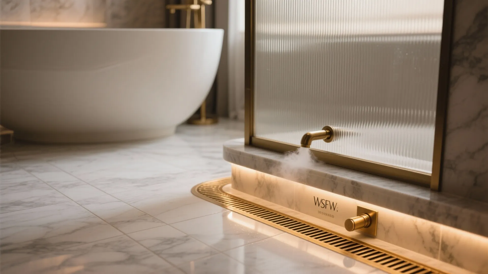 Close up of marble bathroom floor with gold drain light fixture and white freestanding bathtub