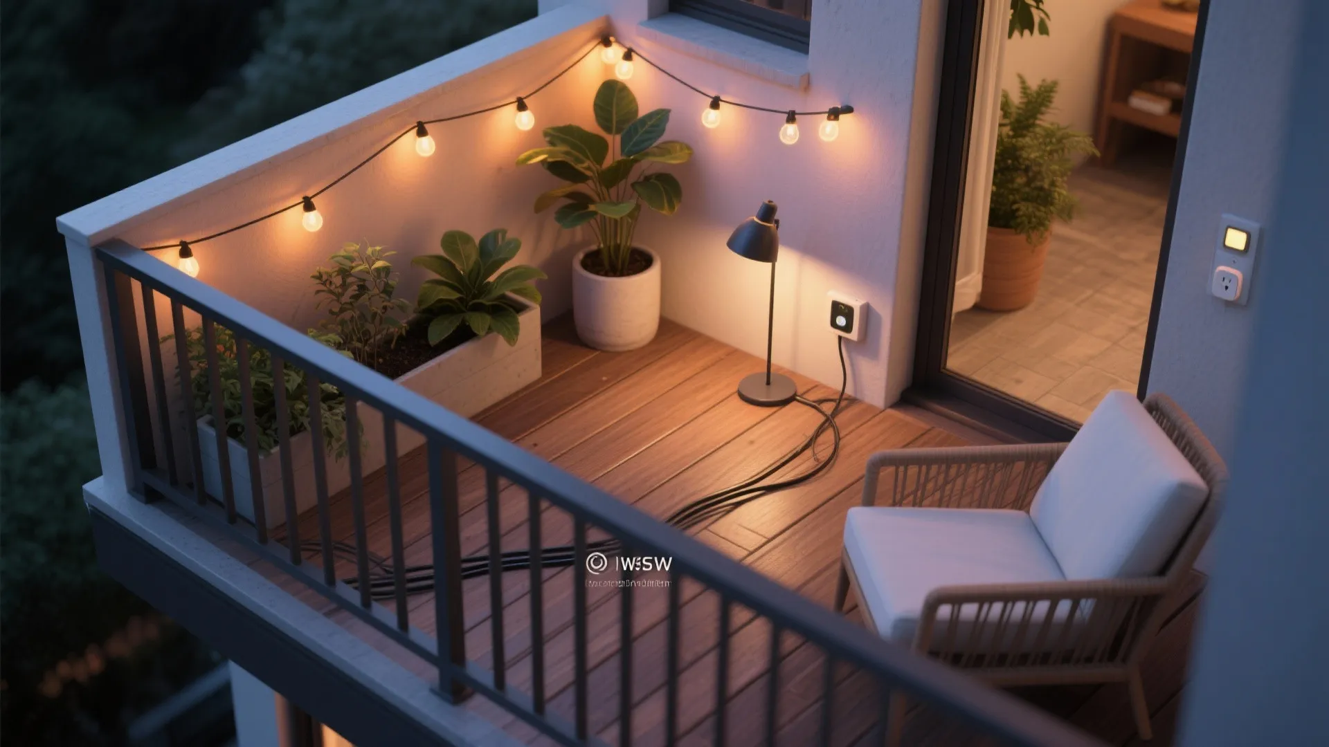 Cozy small balcony with wooden floor plants string lights lamp and a white outdoor chair