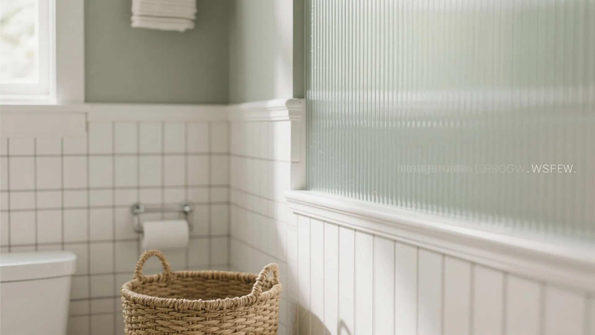 Bright bathroom interior with white wall panels woven storage basket toilet paper and ribbed glass divider