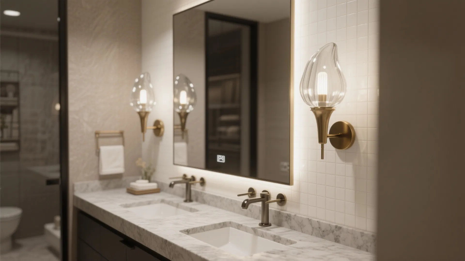 Bathroom vanity with sculptural sconces on both sides of the mirror.