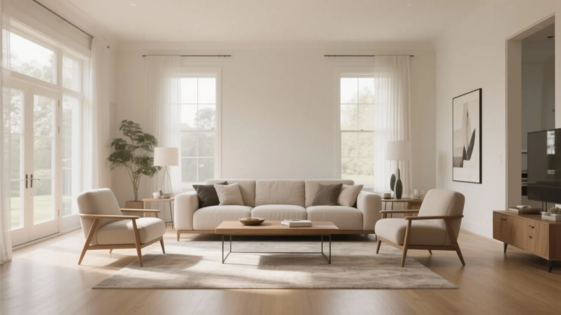 Modern bright living room with beige sofa two armchairs wooden coffee table and natural sunlight