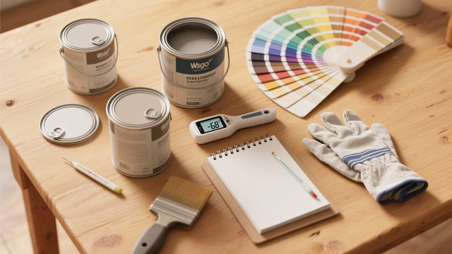 Paint cans with color palette and digital thermometer on wooden table for checking wall temperature