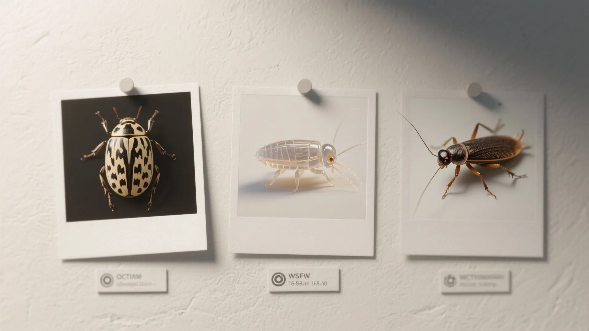 Three photos of different insects pinned to a white wall with small labels underneath each