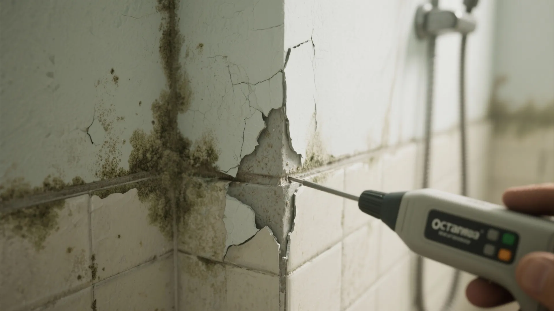 Electronic sensor testing for moisture on damaged bathroom wall with mold and peeling white paint
