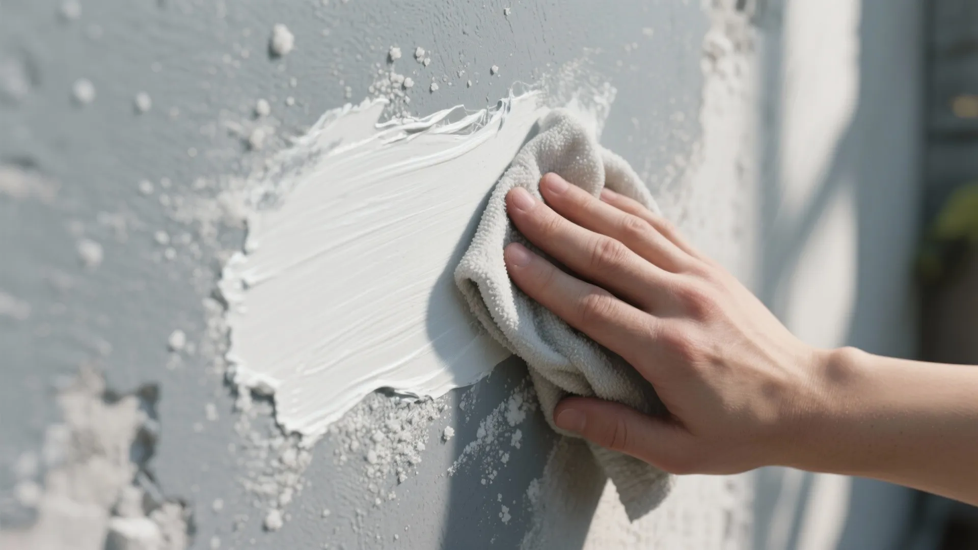 Hand using soft cloth to wipe white paint on a grey wall during home renovation project
