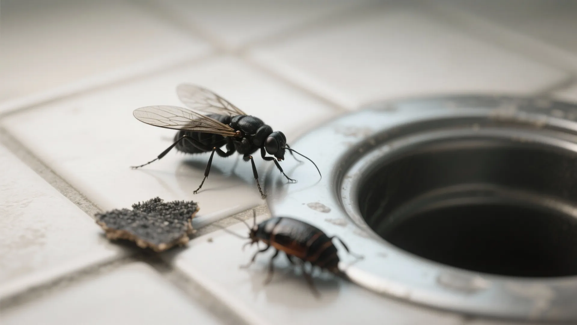 Macro view of common tiny bathroom pests (drain fly, springtail) on tile near a drain