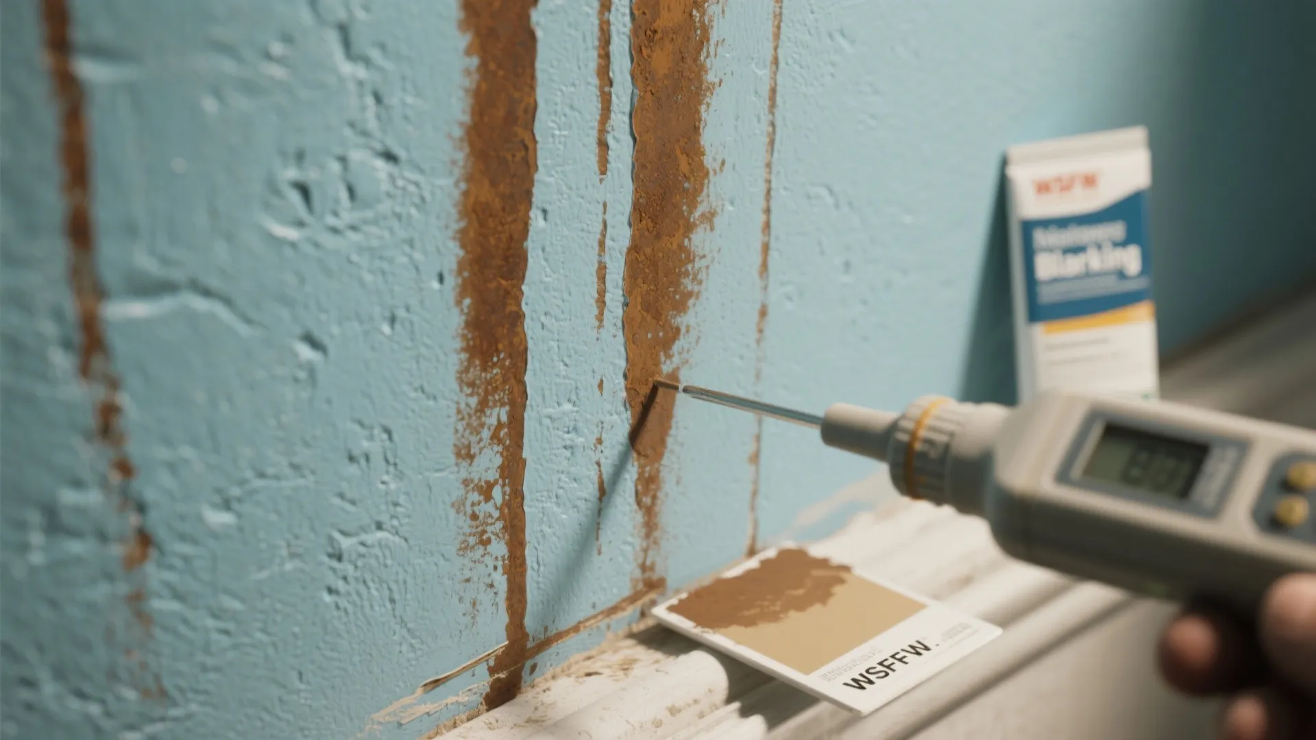 Digital moisture meter testing a blue wall with brown water stains near a white baseboard trim