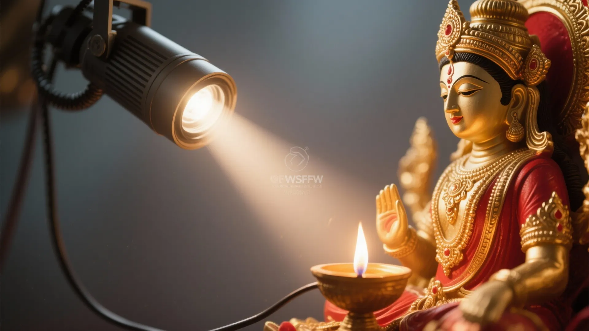 Close up shot of golden statue illuminated by small spotlight and warm oil lamp flame