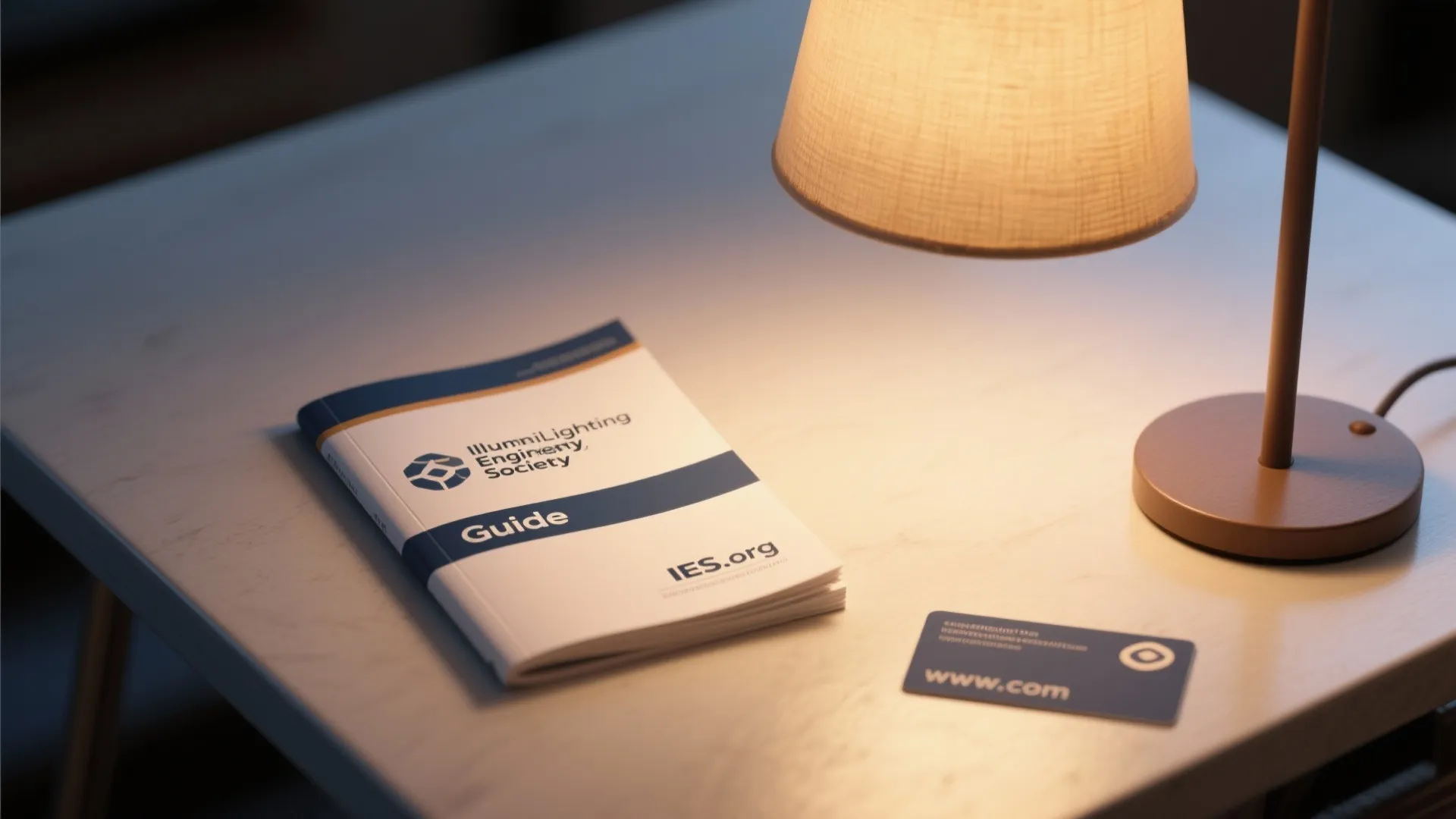 Guide booklet and card referencing IES lighting standards placed under warm lamp light.