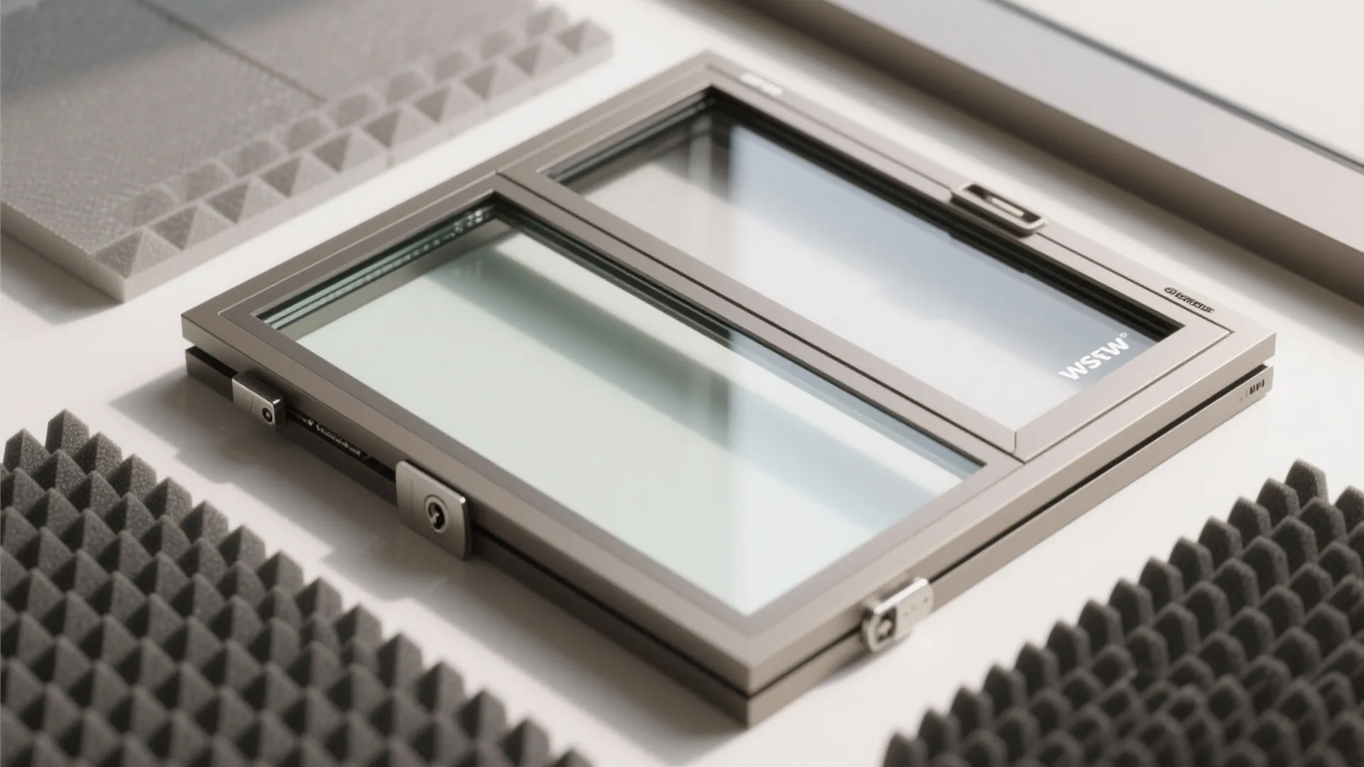 Modern metal window frame with glass panels placed near several grey foam sound proofing blocks