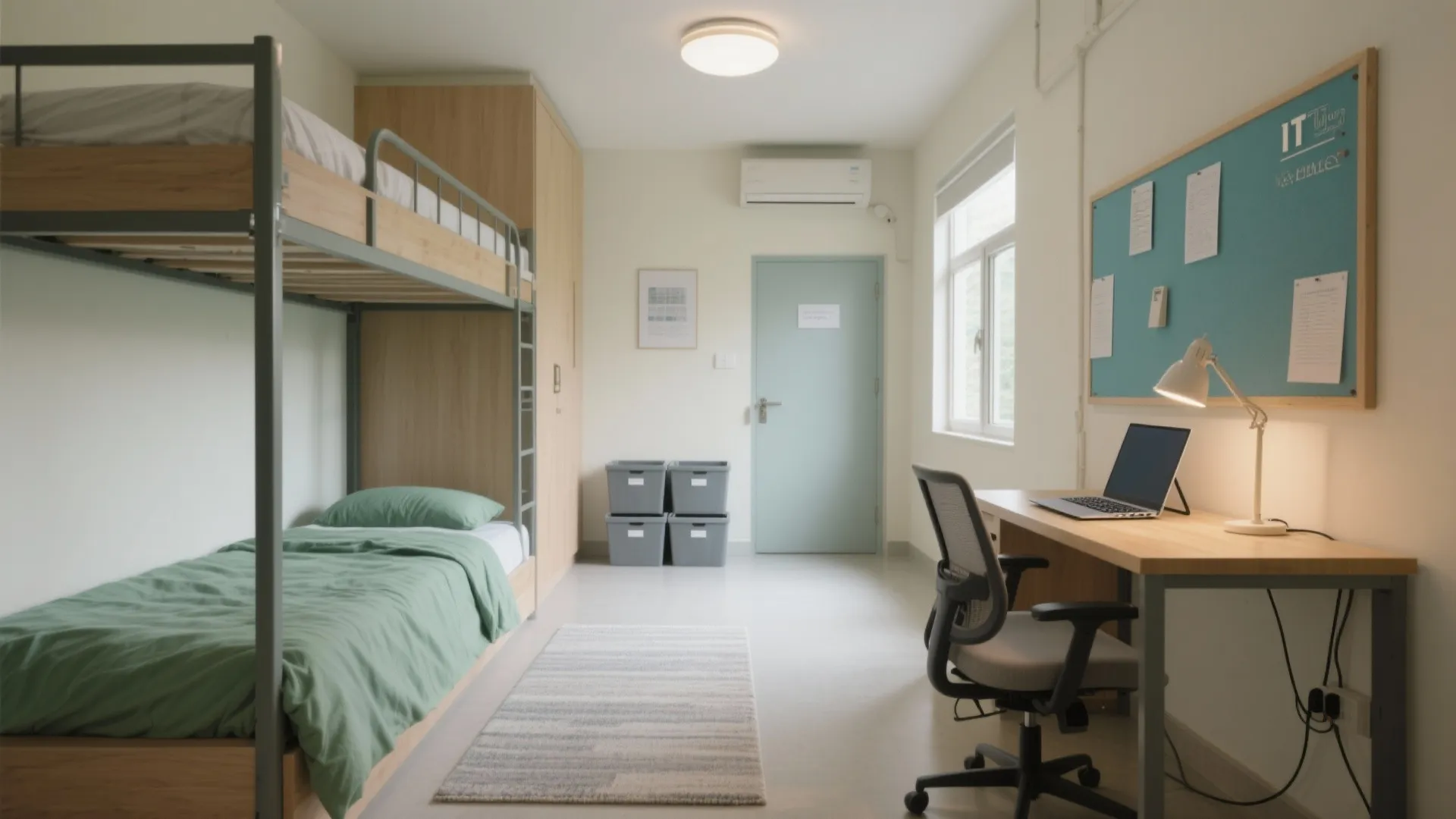 Modern dorm room featuring wooden bunk bed green bedding desk chair laptop window and door