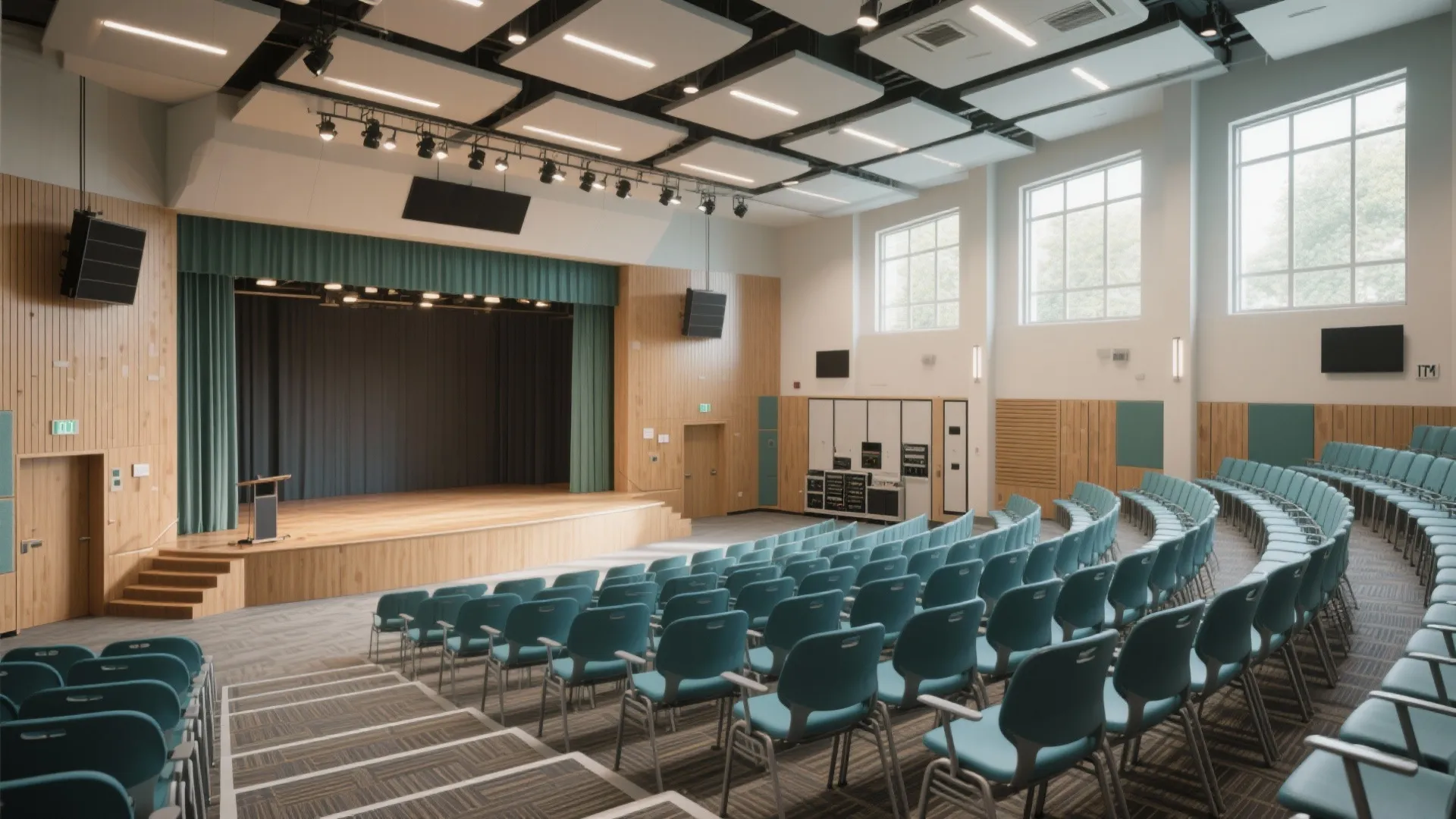 Large school hall interior design drawing with wooden stage teal chairs ceiling lights and windows