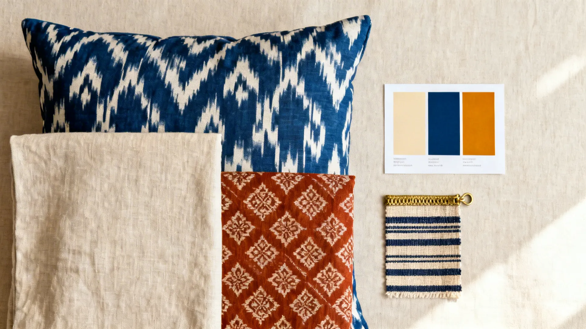 Flat lay of indigo ikat, rust block-print, neutral linen, striped dhurrie, and brass accent
