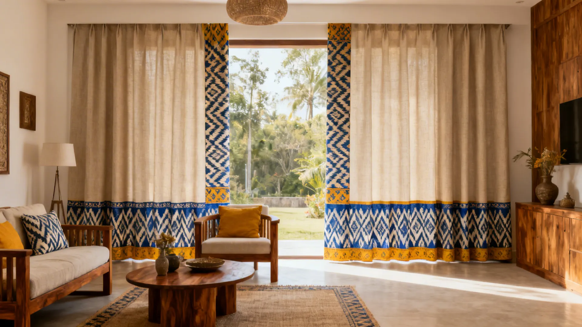 Modern living room with neutral curtains featuring a printed ikat or block-print leading edge panel.