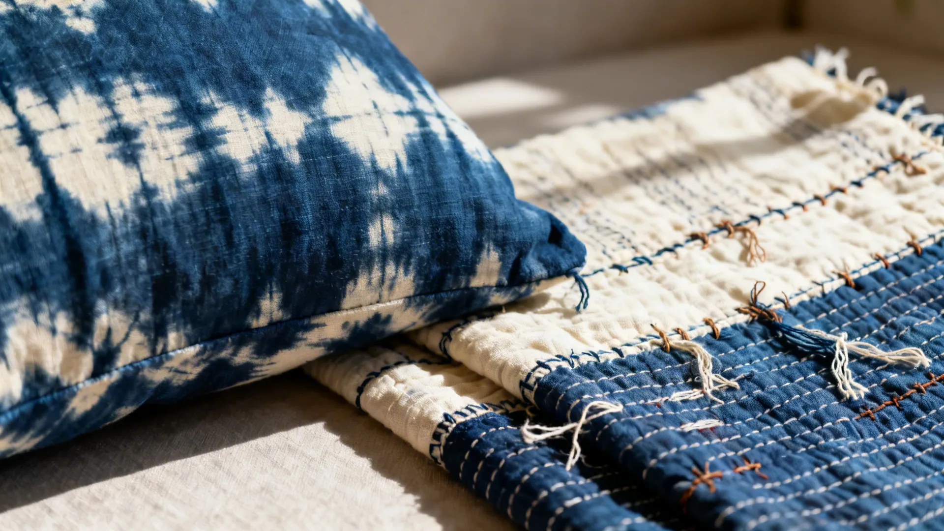 Macro of indigo ikat fabric and kantha stitch detail in soft daylight.