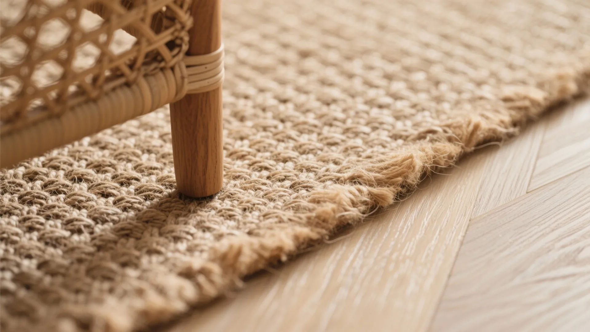 Close up of a woven rug next to a wooden chair leg on wood flooring