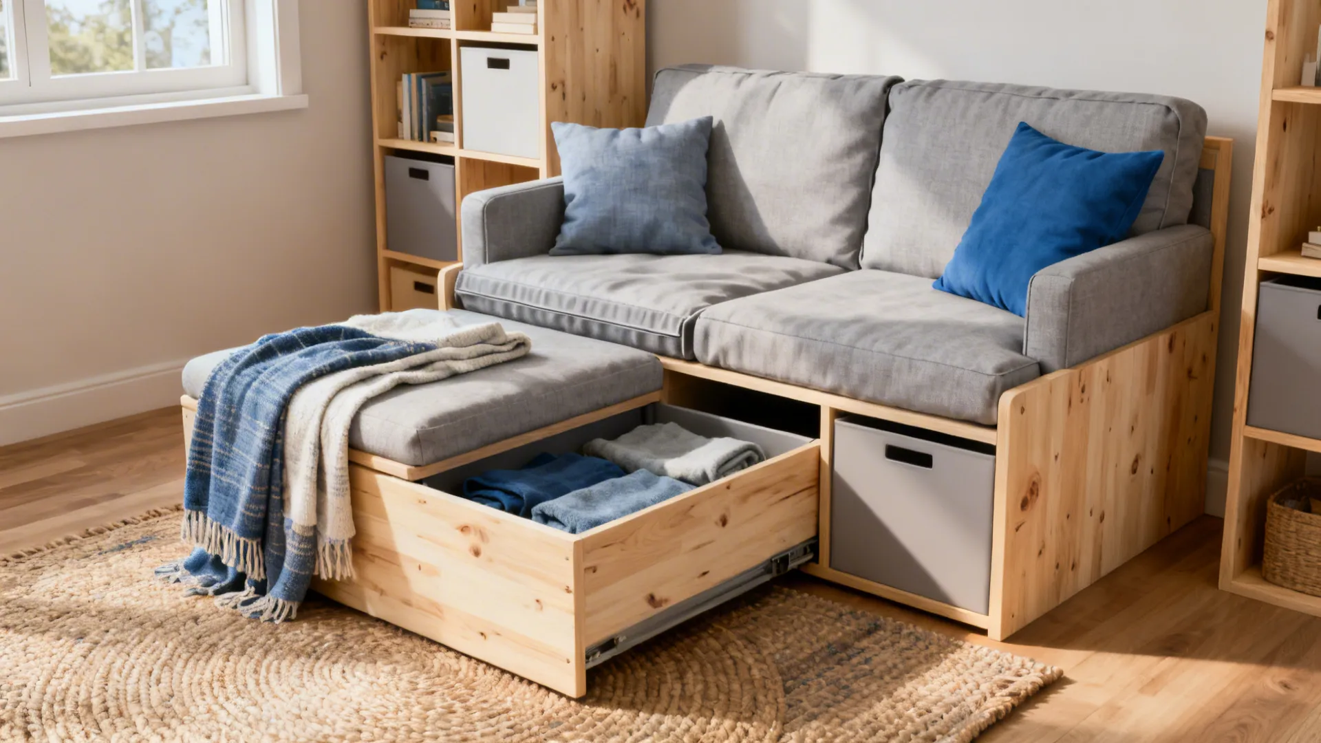 Compact living nook with modular sofa, storage ottoman, and light birch shelving showing practical Scandi design.