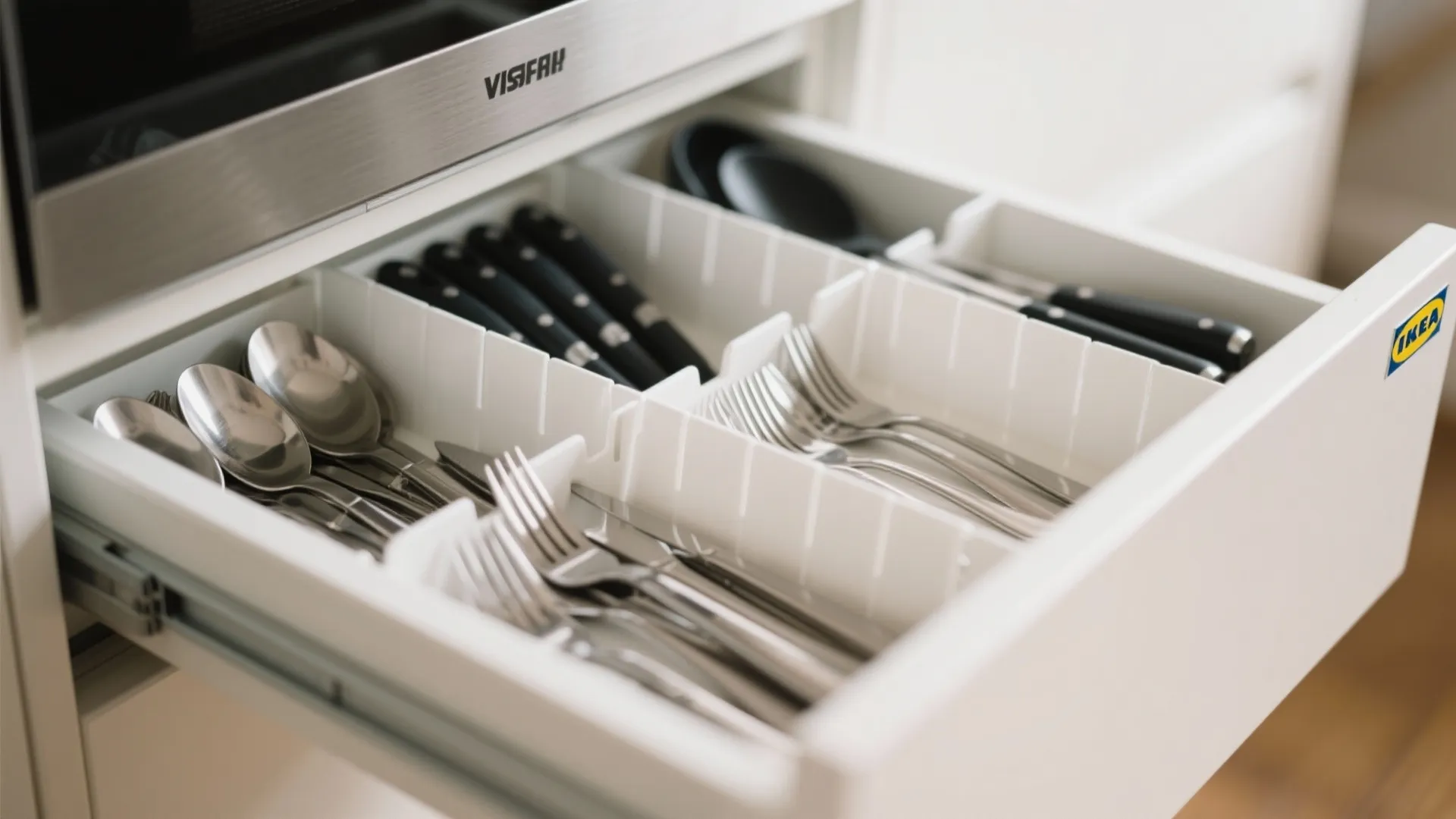 Open white kitchen drawer with plastic dividers organizing silver spoons forks and black handled knives