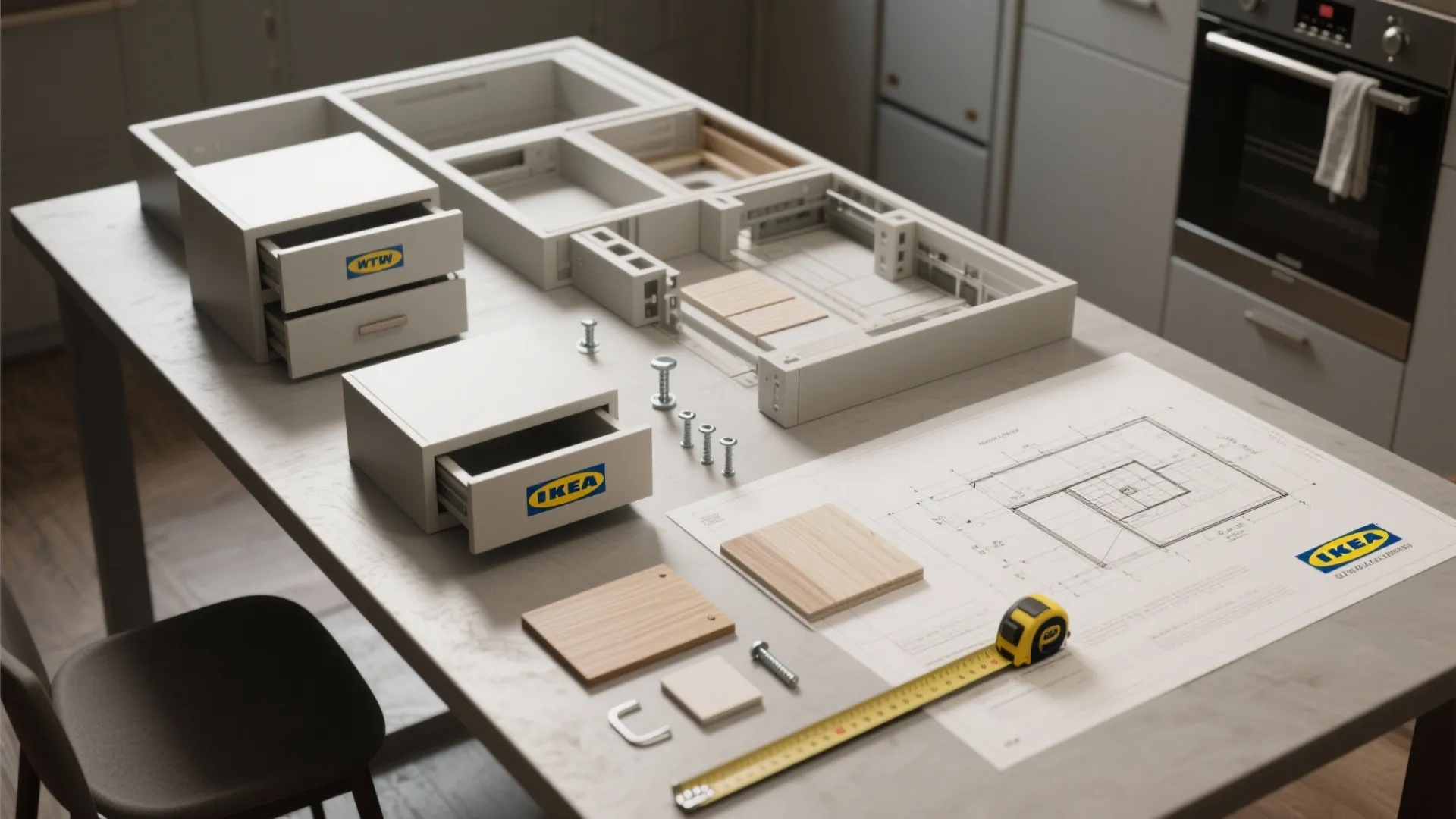 IKEA furniture assembly parts with drawers tools and interior design drawing layout on a table