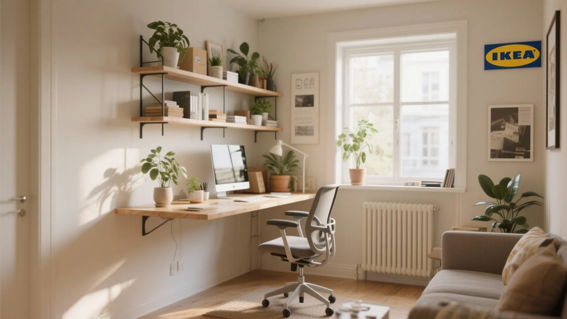 Minimalist home office with floating wooden desk grey chair potted plants and sofa near window