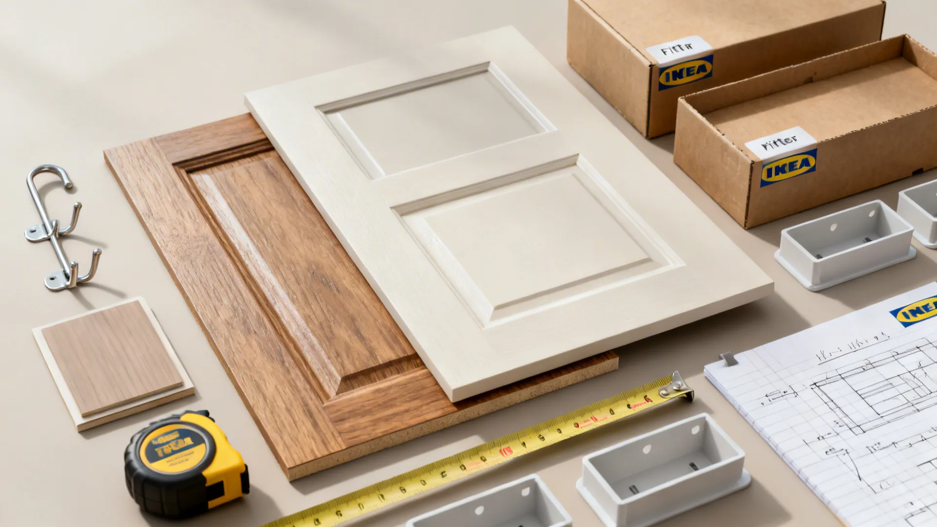 Flatlay of IKEA storage samples, inserts, labels and planning tools for small-space projects