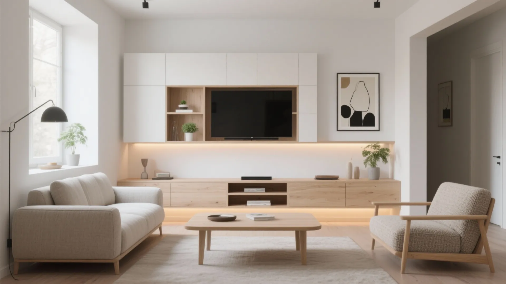 Modern living room with white wall unit wood TV stand grey sofa and coffee table