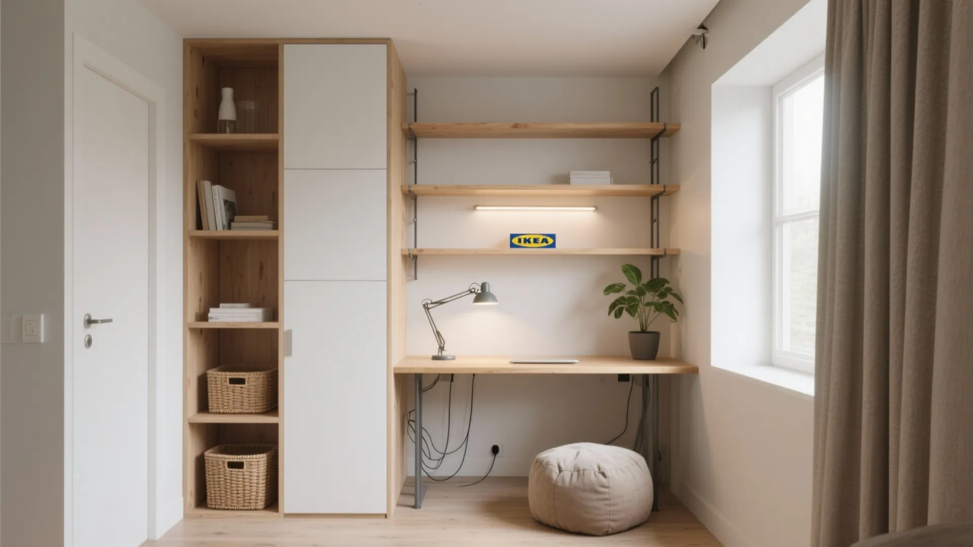 Modern home office featuring wooden wall shelves white cabinet desk lamp plant and round footrest