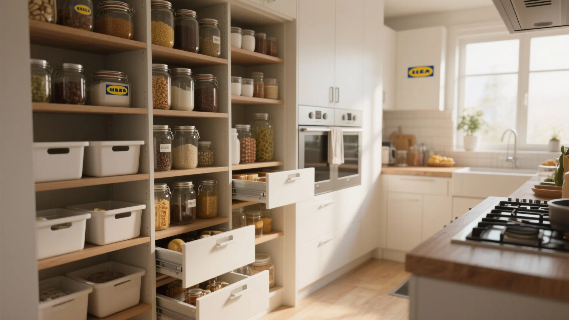 Modern kitchen pantry with wooden shelves white storage bins glass jars and pull out cabinet drawers