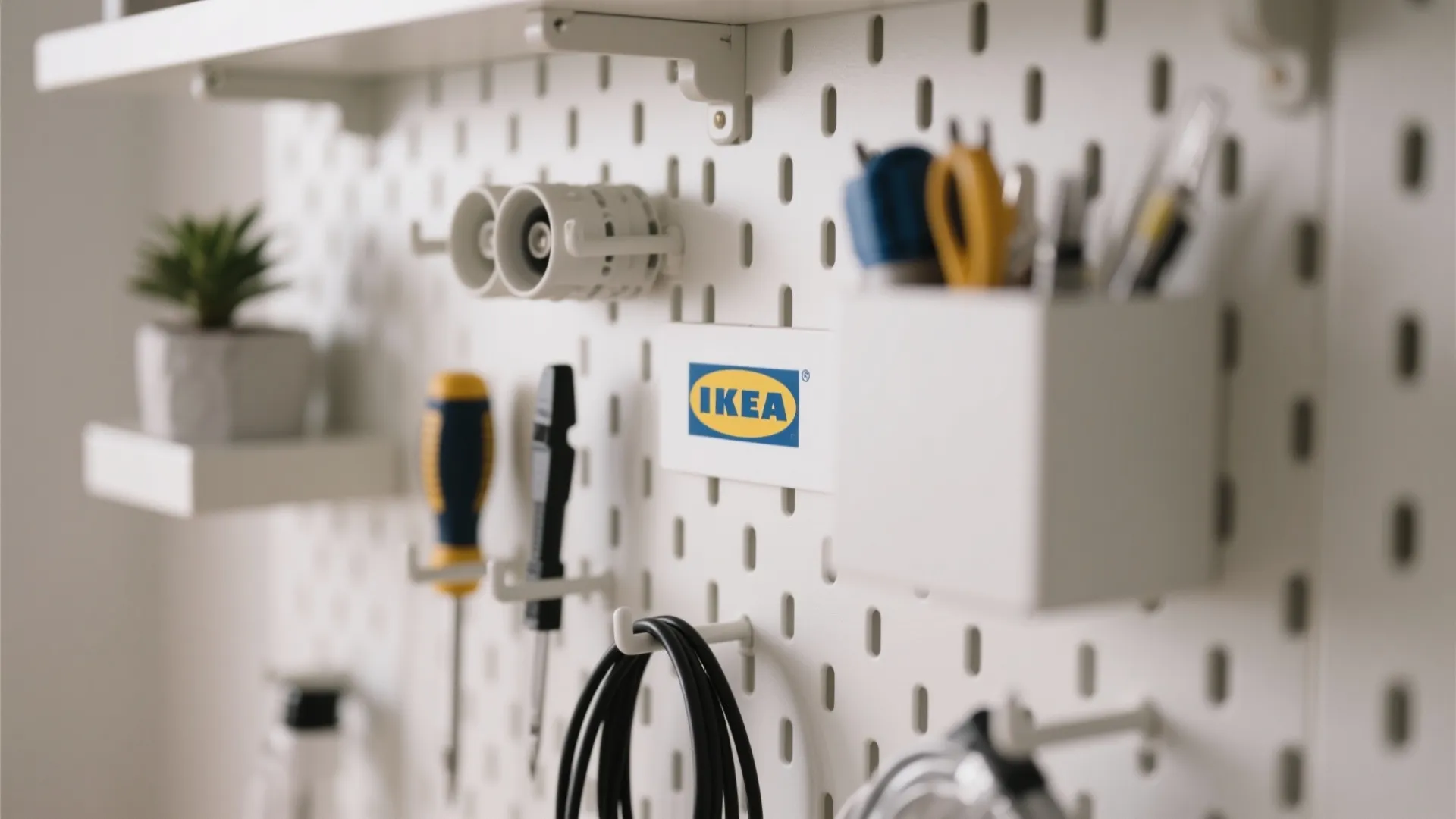 Close-up of a white IKEA pegboard with organized tools and plants