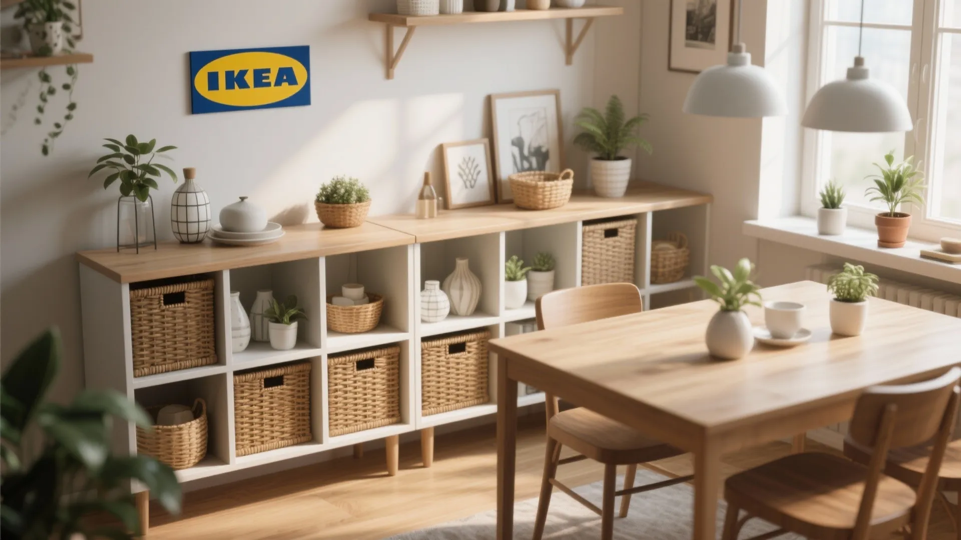 Bright dining area with white shelving unit, storage baskets, wooden table, chairs, and potted plants