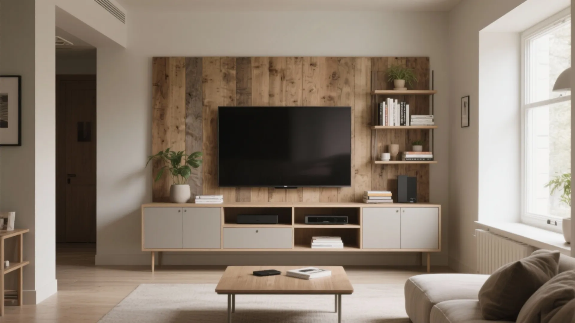 Living room with tv on wood wall panel wall shelves small table and natural light