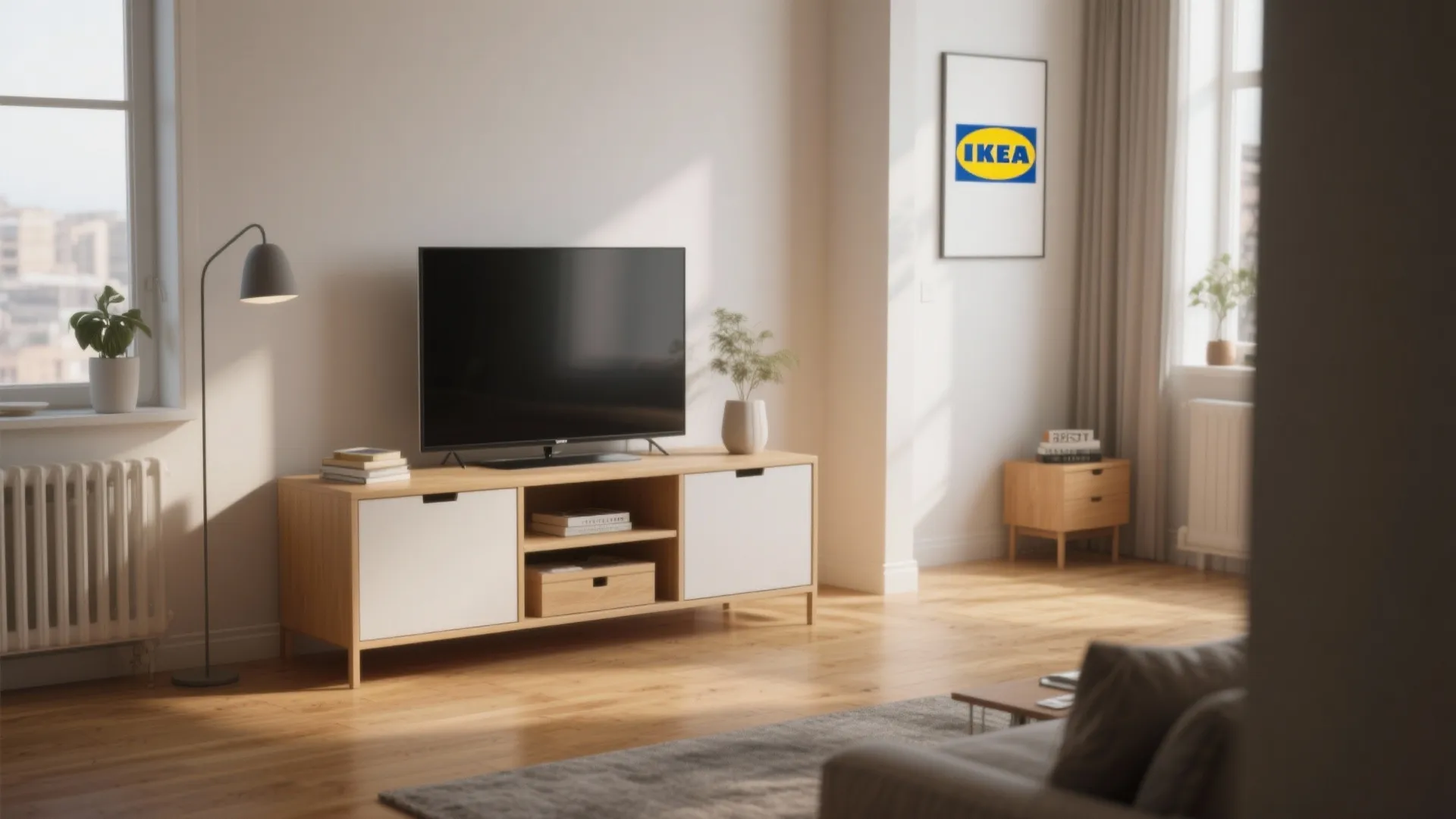 Compact TV unit with hidden storage in a small IKEA living room