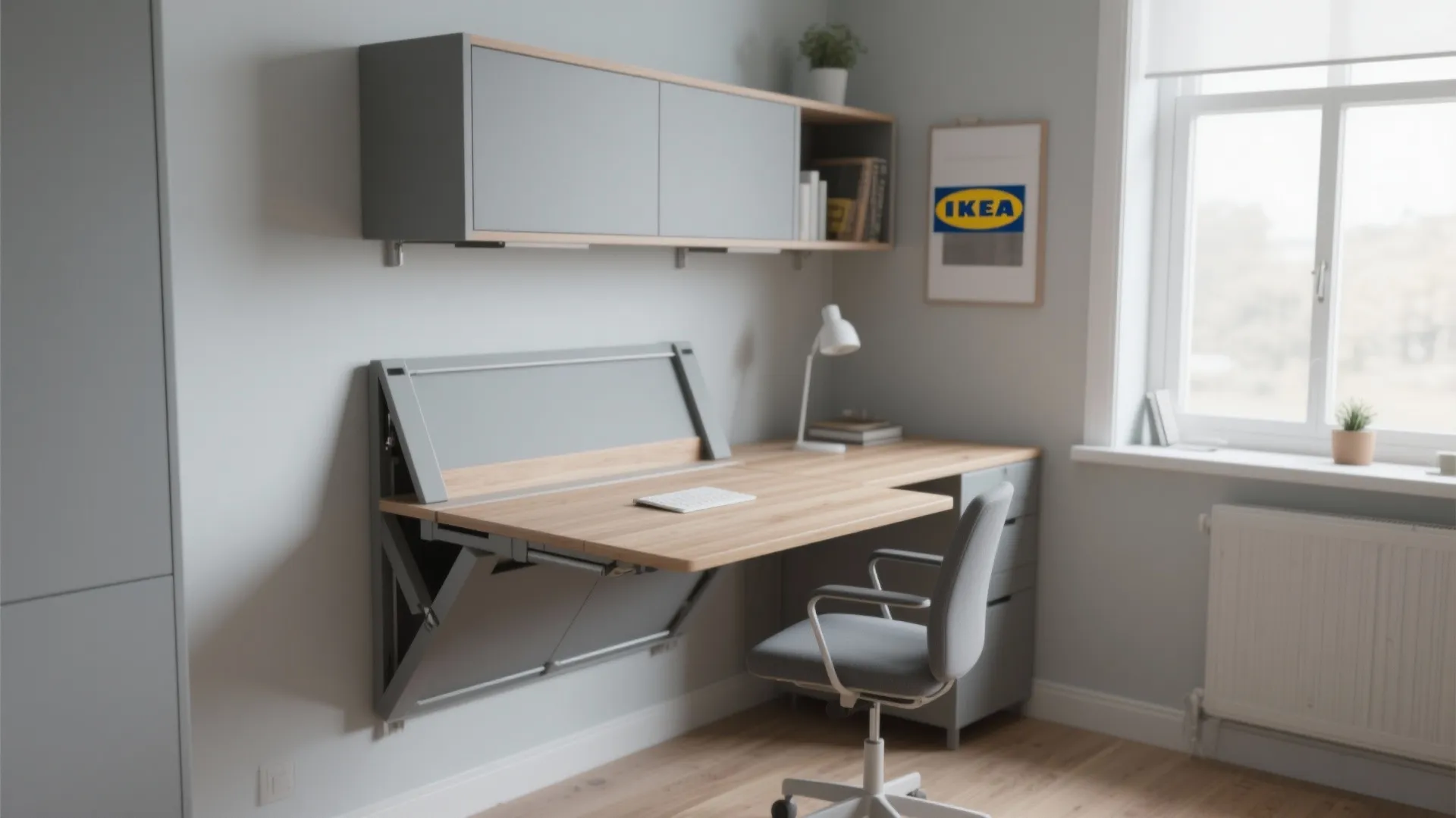 Small office with an IKEA wall-mounted desk in grey and maple wood finish