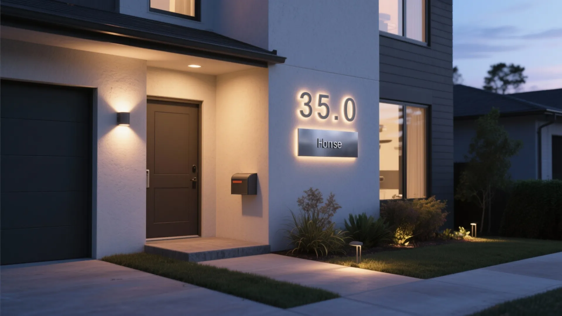 Modern house exterior with illuminated address numbers front door wall light mailbox and garden path