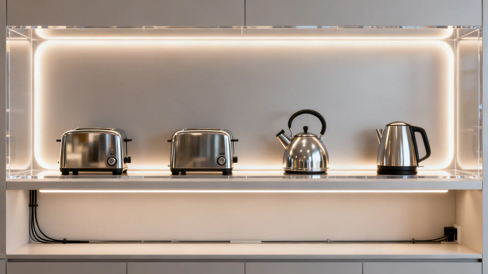 Edge-lit back panel creates a soft halo behind stainless appliances on retail shelves.