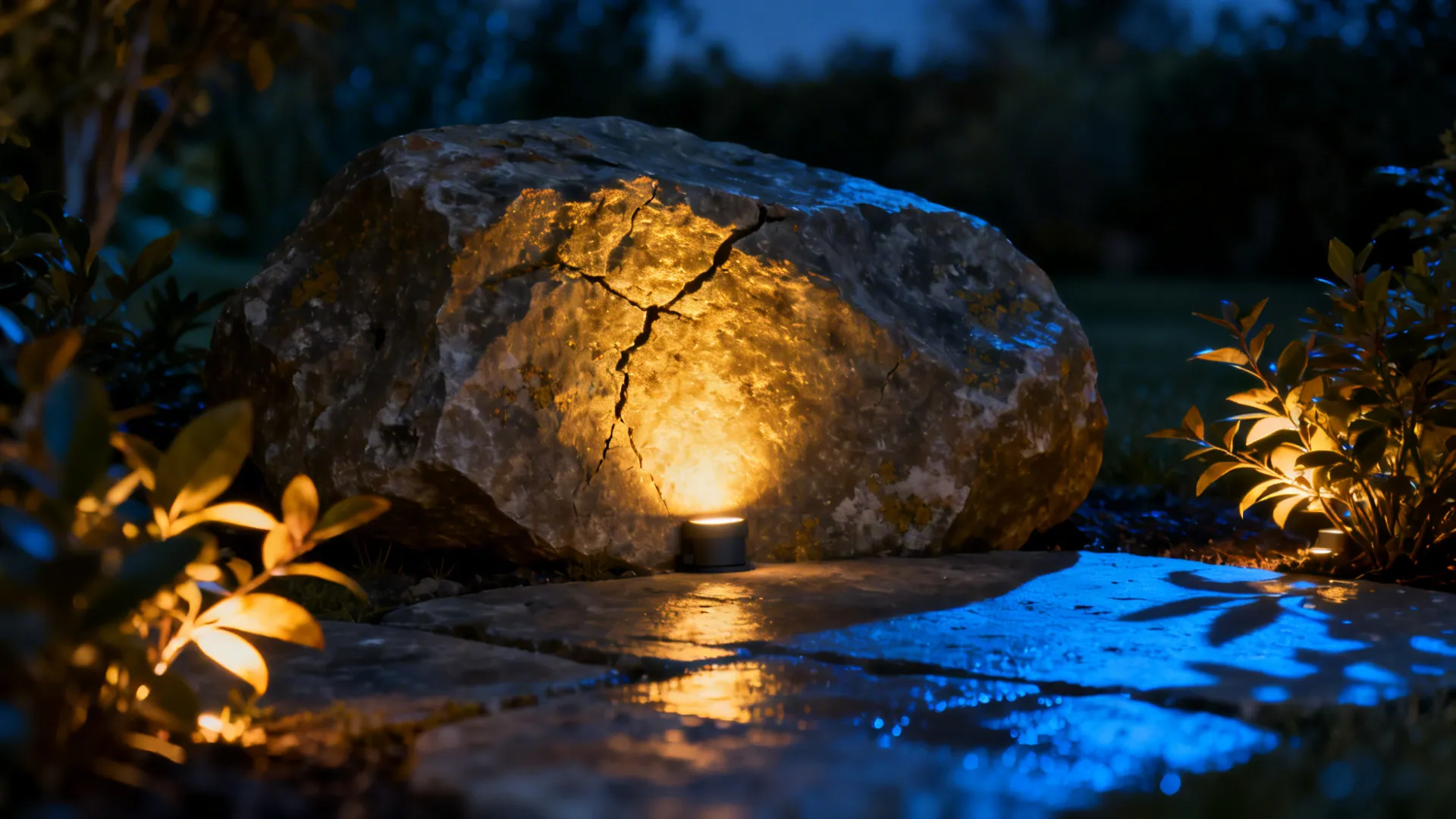 Evening view of a boulder lit by concealed uplighting, creating dramatic shadows and ambiance.