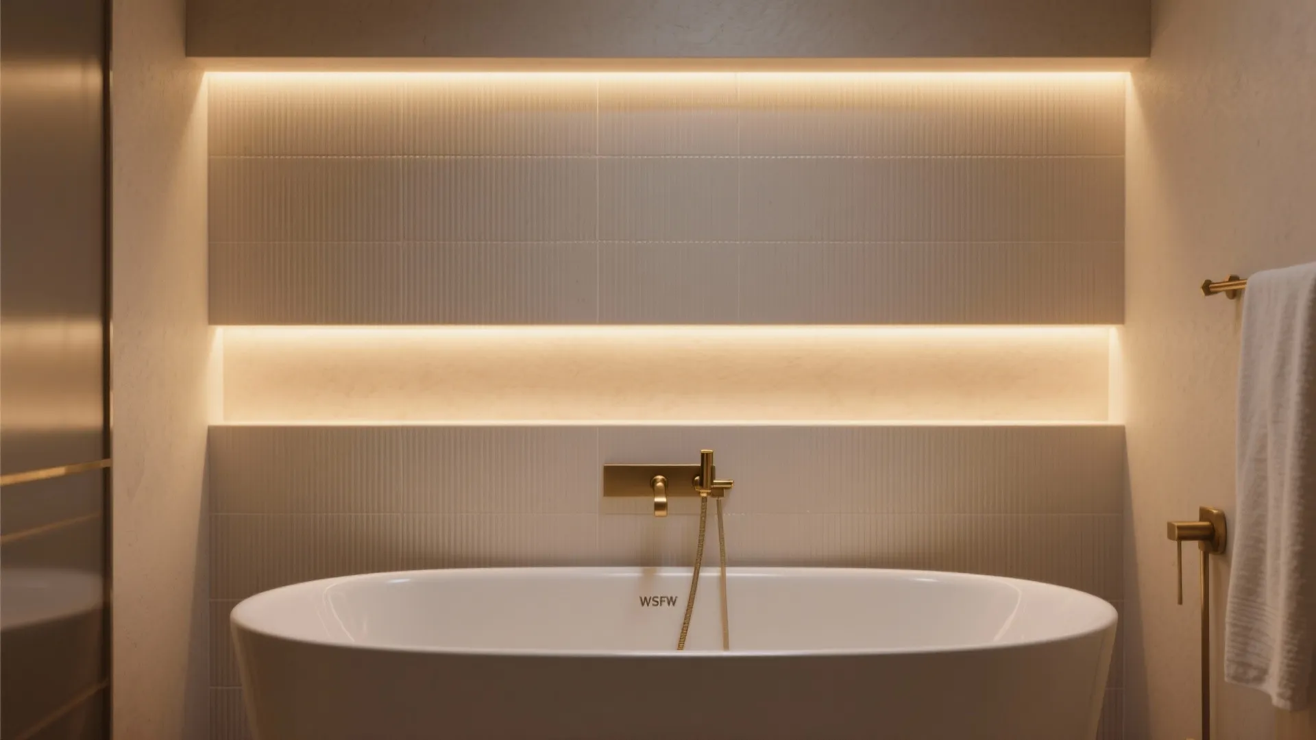 Modern white bathtub with a horizontal wall niche featuring warm yellow lighting and a tap