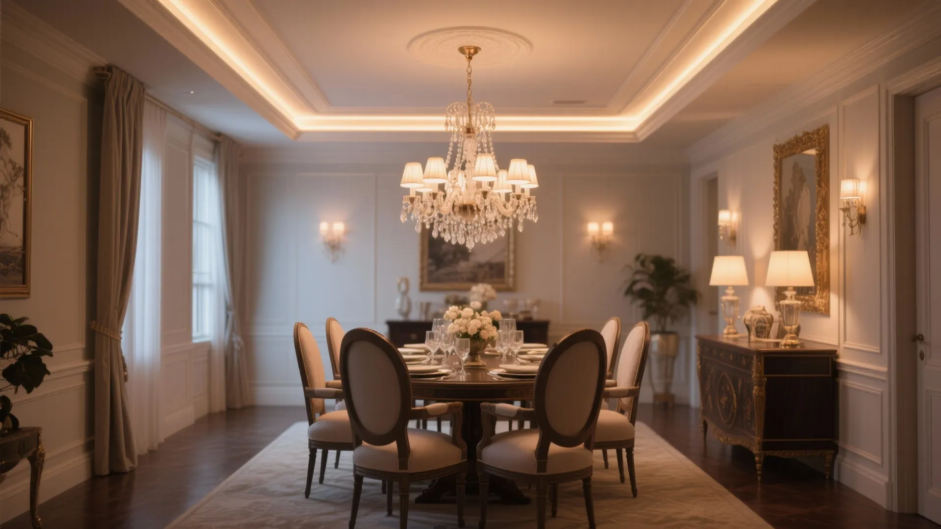 Elegant dining room with crystal ceiling light large table white chairs and warm wall lights