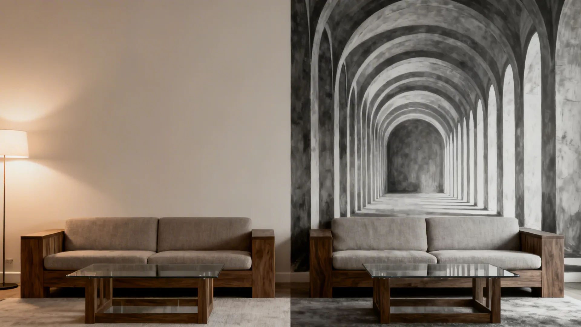 Split view before and after adding a monochrome depth illusion mural in a living room.