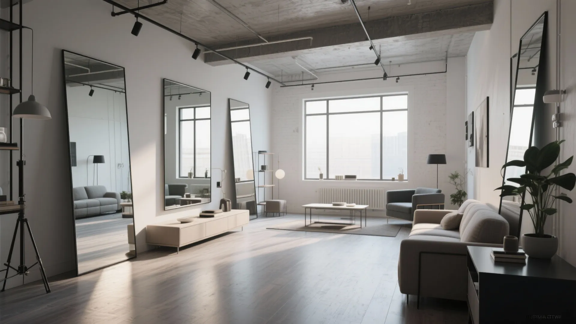Studio loft using mirrors and low furniture for spacious feel