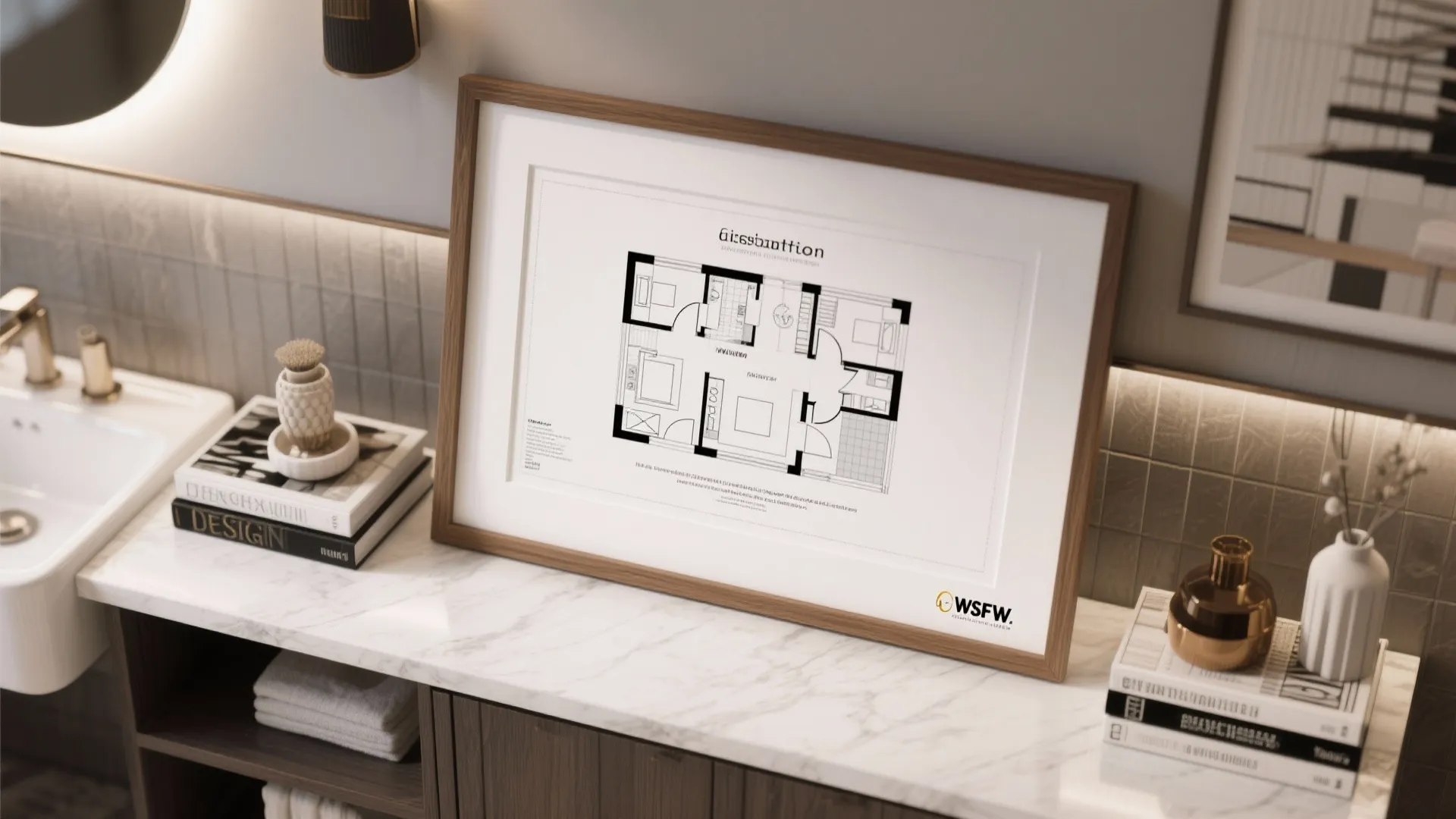 Interior design drawing in wooden frame on marble bathroom counter with books and white sink