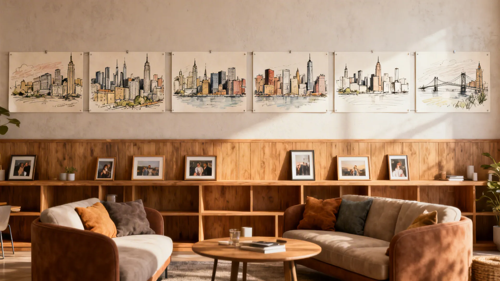 Living room with city sketches on wall wood panel shelf family photos and two brown sofas
