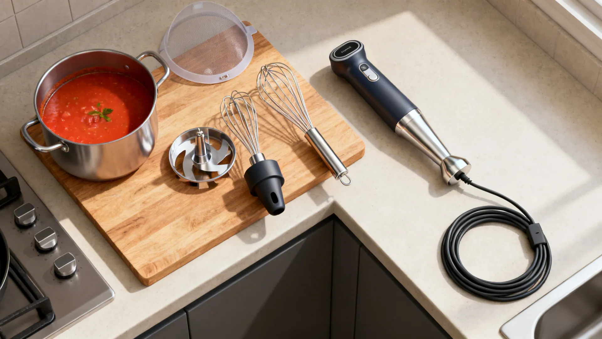 Top‑down view of a cordless immersion blender with attachments in a tidy prep zone.