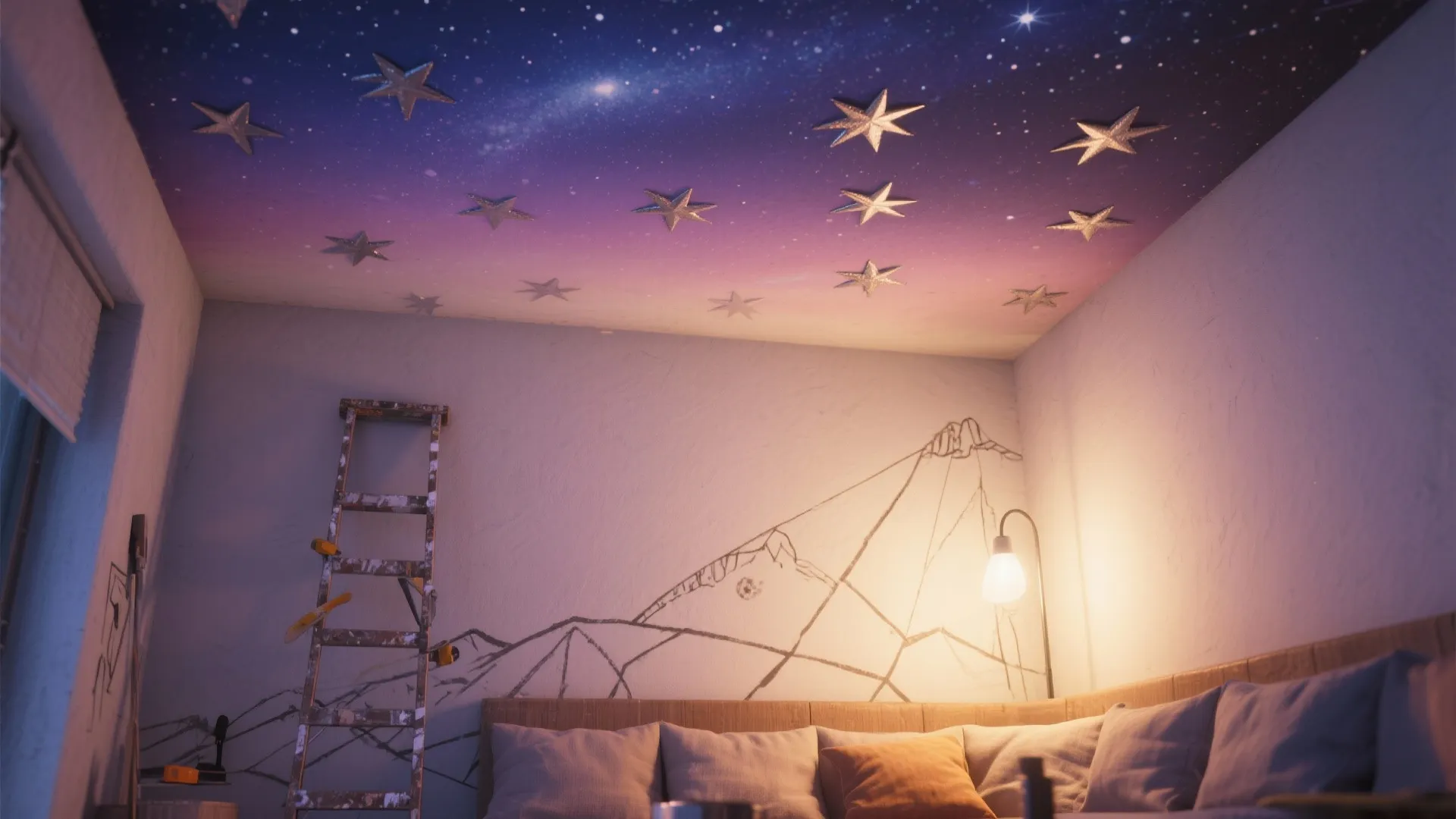 Bedroom interior design with star pattern ceiling light purple colors ladder and mountain wall art